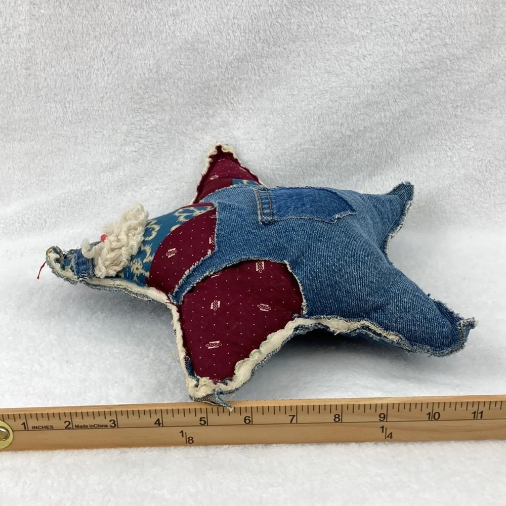 Handcrafted VTG Folkart Rustic Denim Santa Star Pillow Decor 12”